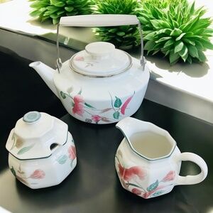 Mikasa “Silk Flowers” Enamelware Kettle/porcelain and Sugar Bowl and Creamer